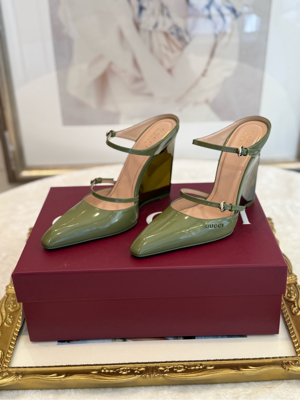 Gucci Olive Patent Leather Double-Strap Wedge Pumps - Picture 2 of 13